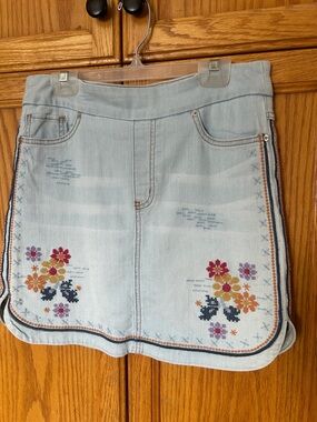 Tribal Light Blue Denim Mini Skirt with Floral Embroidery